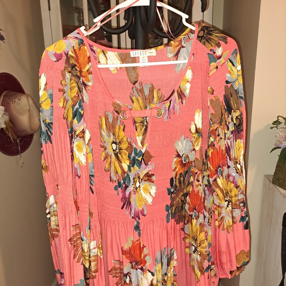 Peach Floral Pleated Blouse